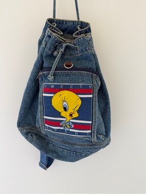 Vintage 90’s Tweety Denim Drawstring Backpack with Front Patch